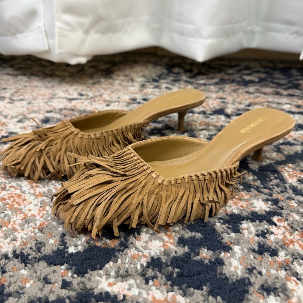 Larroude Tan Suede Fringed Kitten Heel Mule - Picture 7 of 16